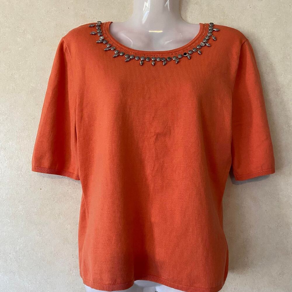 Peck & Peck Collection Beaded Neckline Short Sleeve Roundneck Blouse Peach Mediu